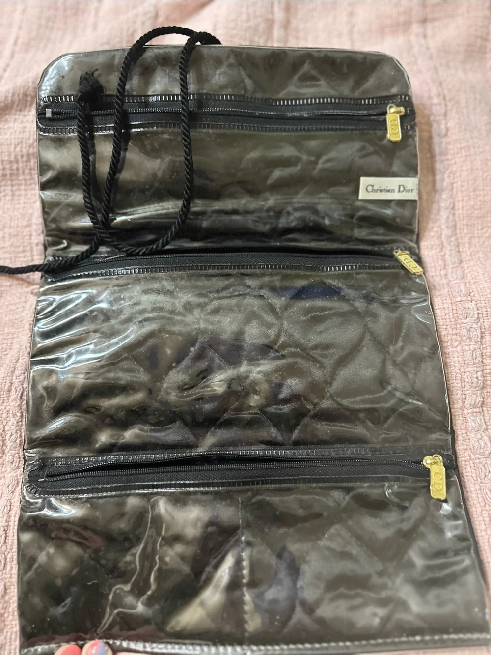 Vintage Christian Dior green and Gold Striped Satin Jewelry travel pouch.